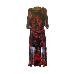 a.n.a | Black Floral Long Sleeve V-Neck Long Dress| M